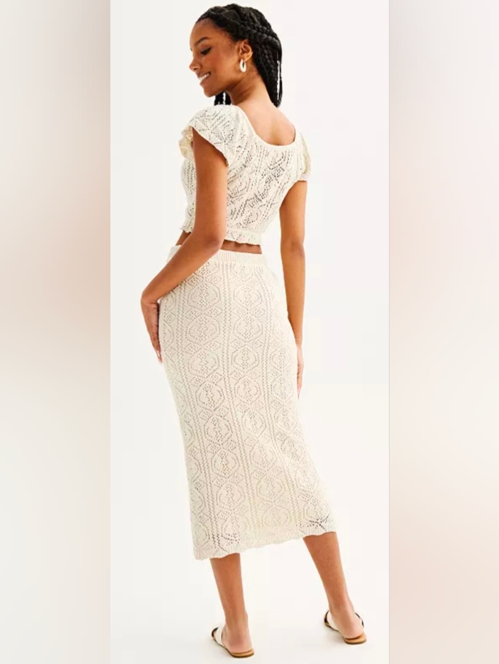 Freshmen 1996 Juniors' Cream Crochet Flutter Maxi Skirt - Picture 3 of 5